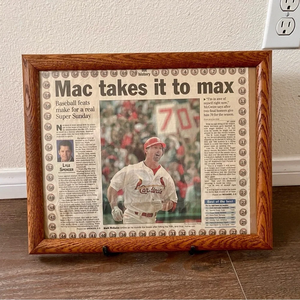 Framed Baseball Newspaper Article in Brown Frame Mark McGuire 13/16 inch